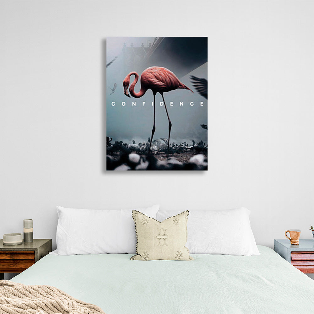 Leinwandbild „Ein rosa Flamingo in einer wolkigen Stadt“