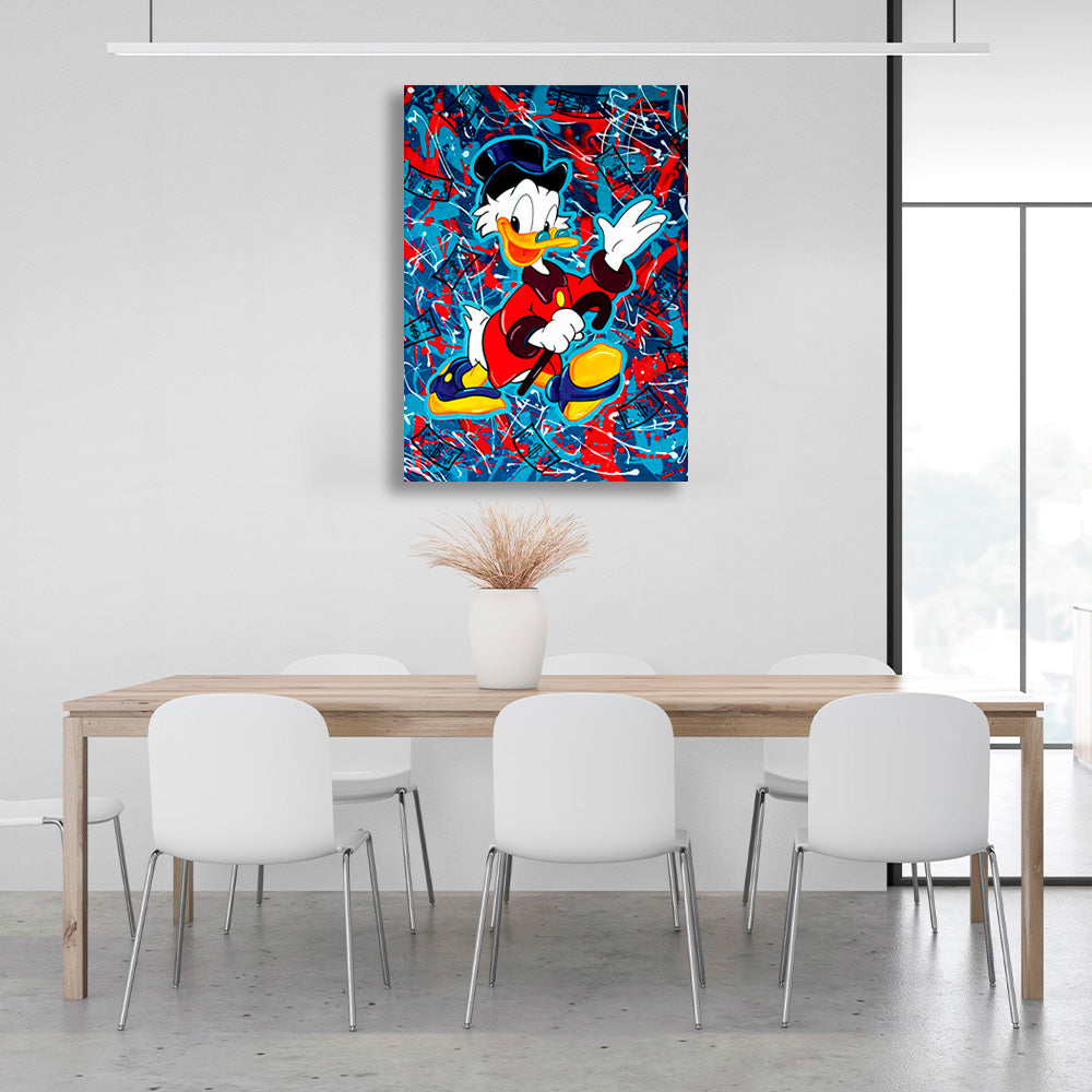 Scrooge auf einem roten und blauen Hintergrund Inspirierender Leinwand-Kunstdruck