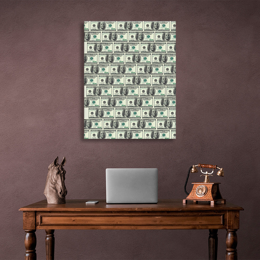 100-dollar bills are laid out in rows Inspirational Canvas Wall Art Print