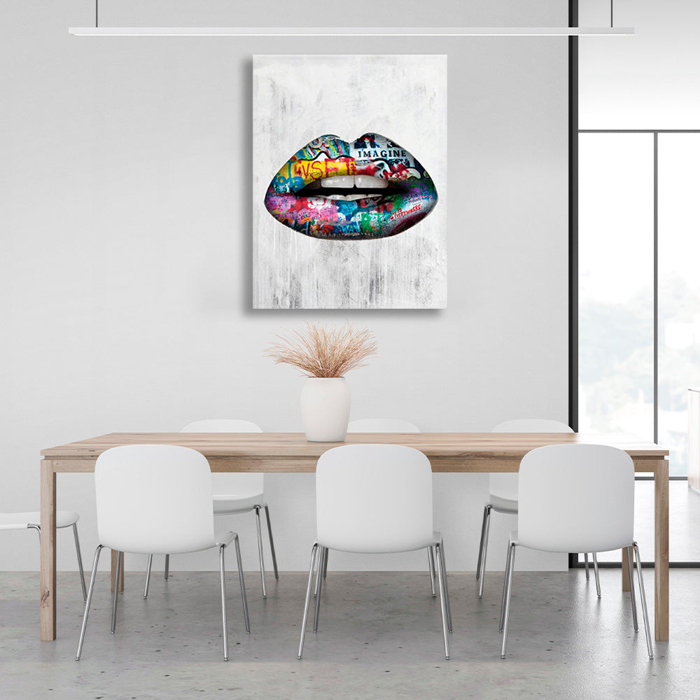 Graffiti-style lips on a gray background Canvas Wall Art Print