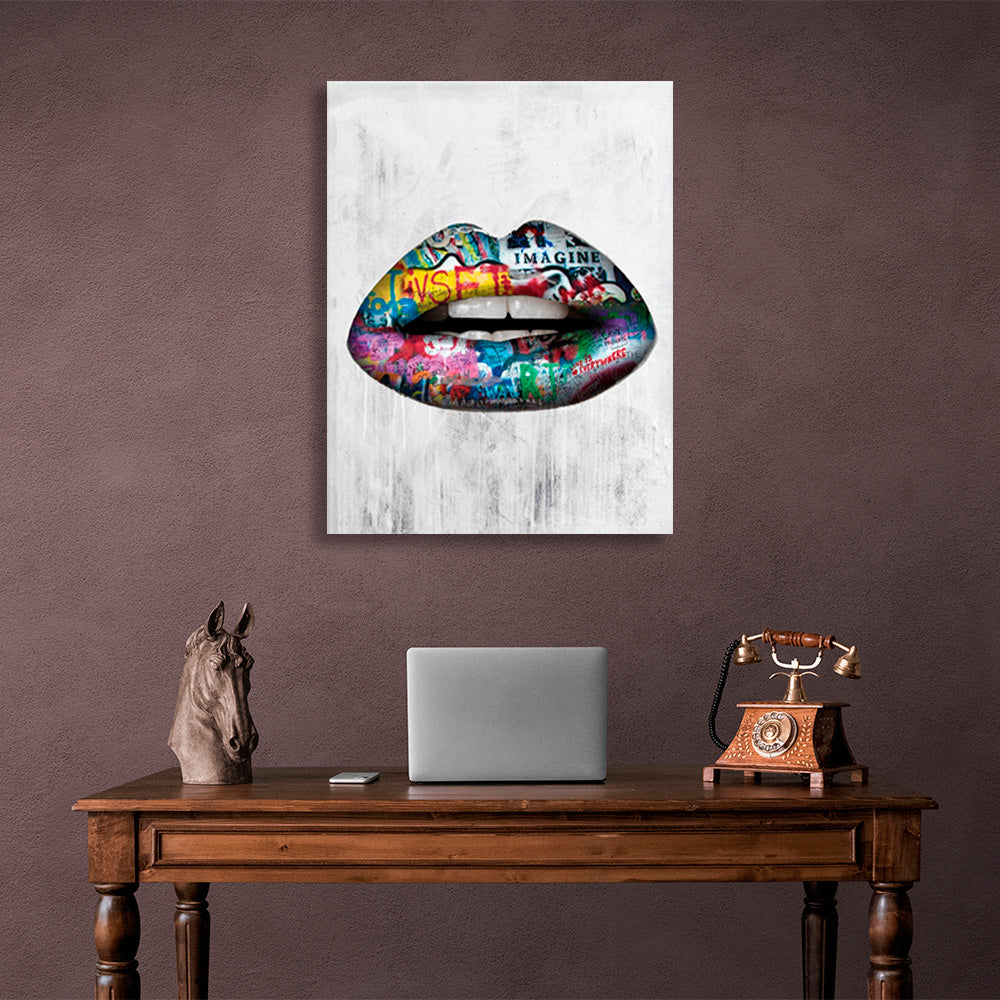 Graffiti-style lips on a gray background Canvas Wall Art Print