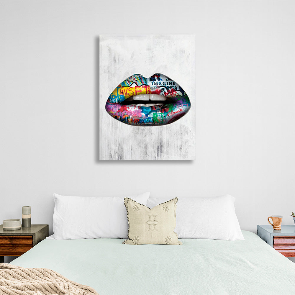 Graffiti-style lips on a gray background Canvas Wall Art Print