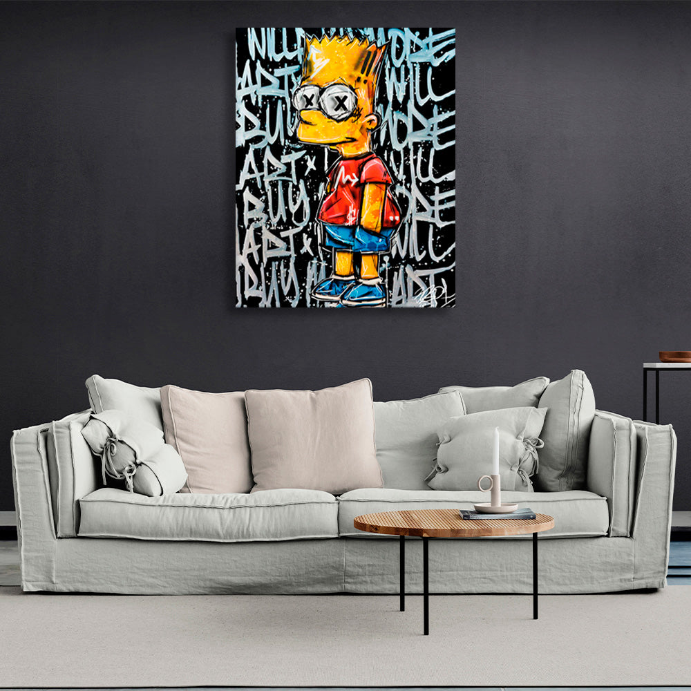 Bart on a black background with writing on it Canvas Wall Art Print