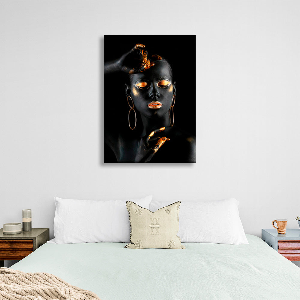 Girl with gold makeup on black background Canvas Wall Art Print