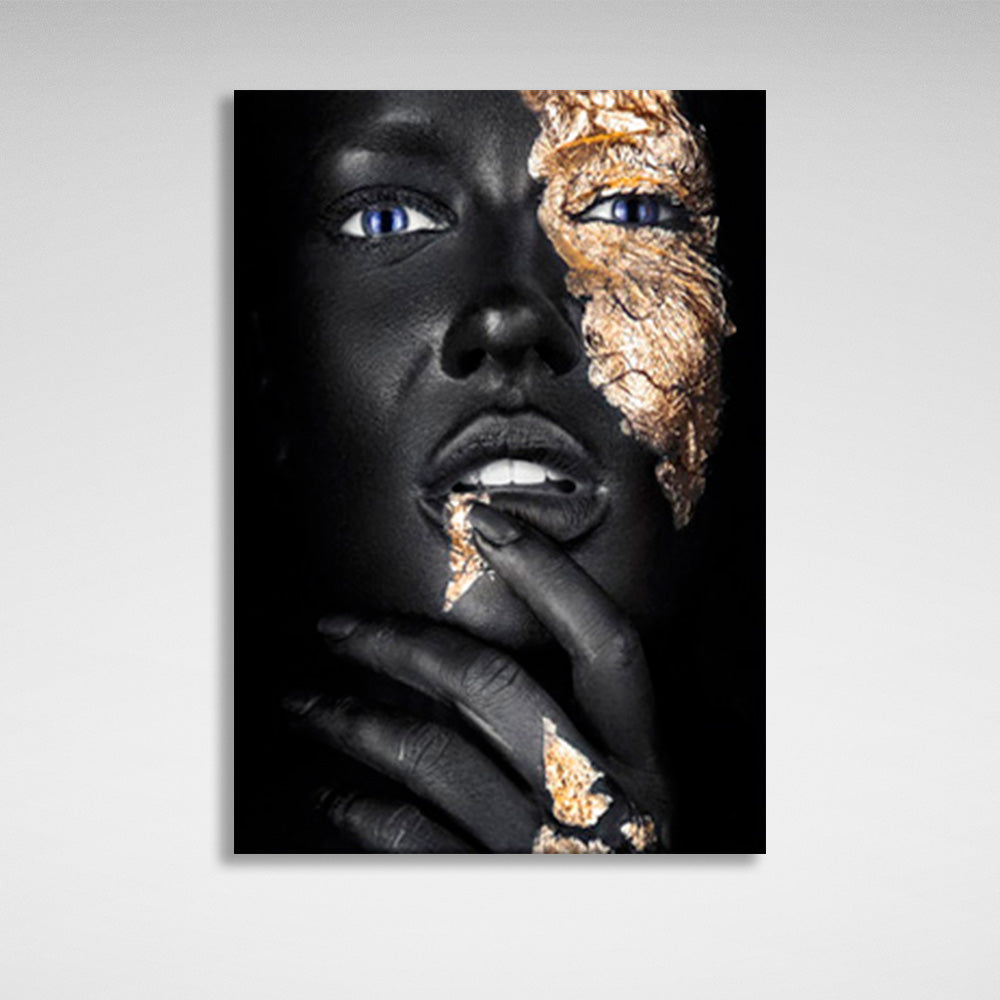 Purple eyed girl on black background with gold details Canvas Wall Art Print