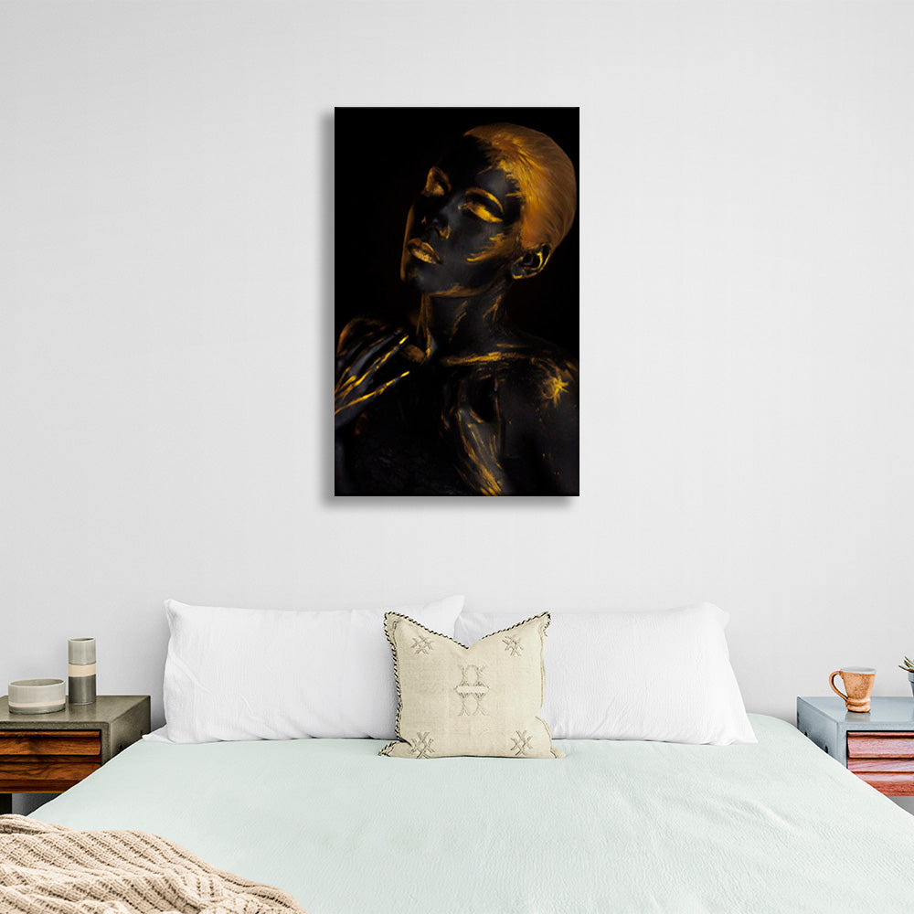 A girl with golden hair and golden details on her body Canvas Wall Art Print