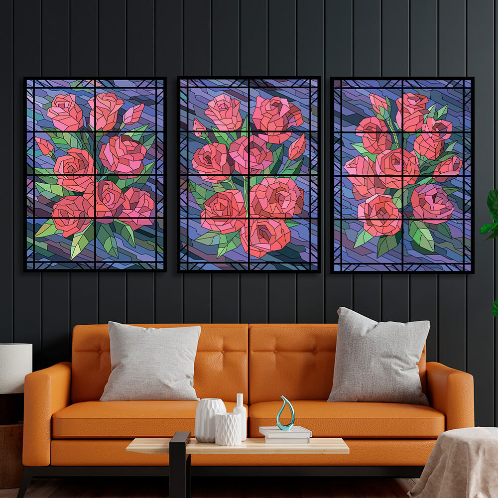 Modularer Kunstdruck auf Leinwand, mehrteilig, Blumen auf blauem Hintergrund