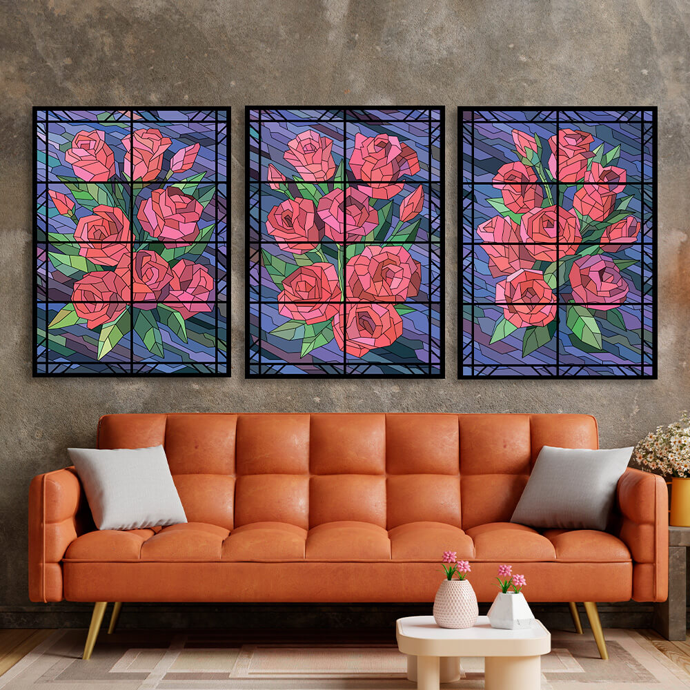 Modularer Kunstdruck auf Leinwand, mehrteilig, Blumen auf blauem Hintergrund