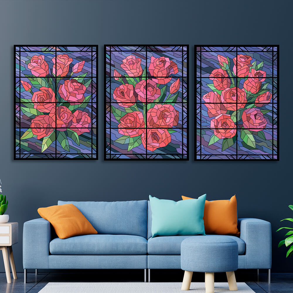 Modularer Kunstdruck auf Leinwand, mehrteilig, Blumen auf blauem Hintergrund