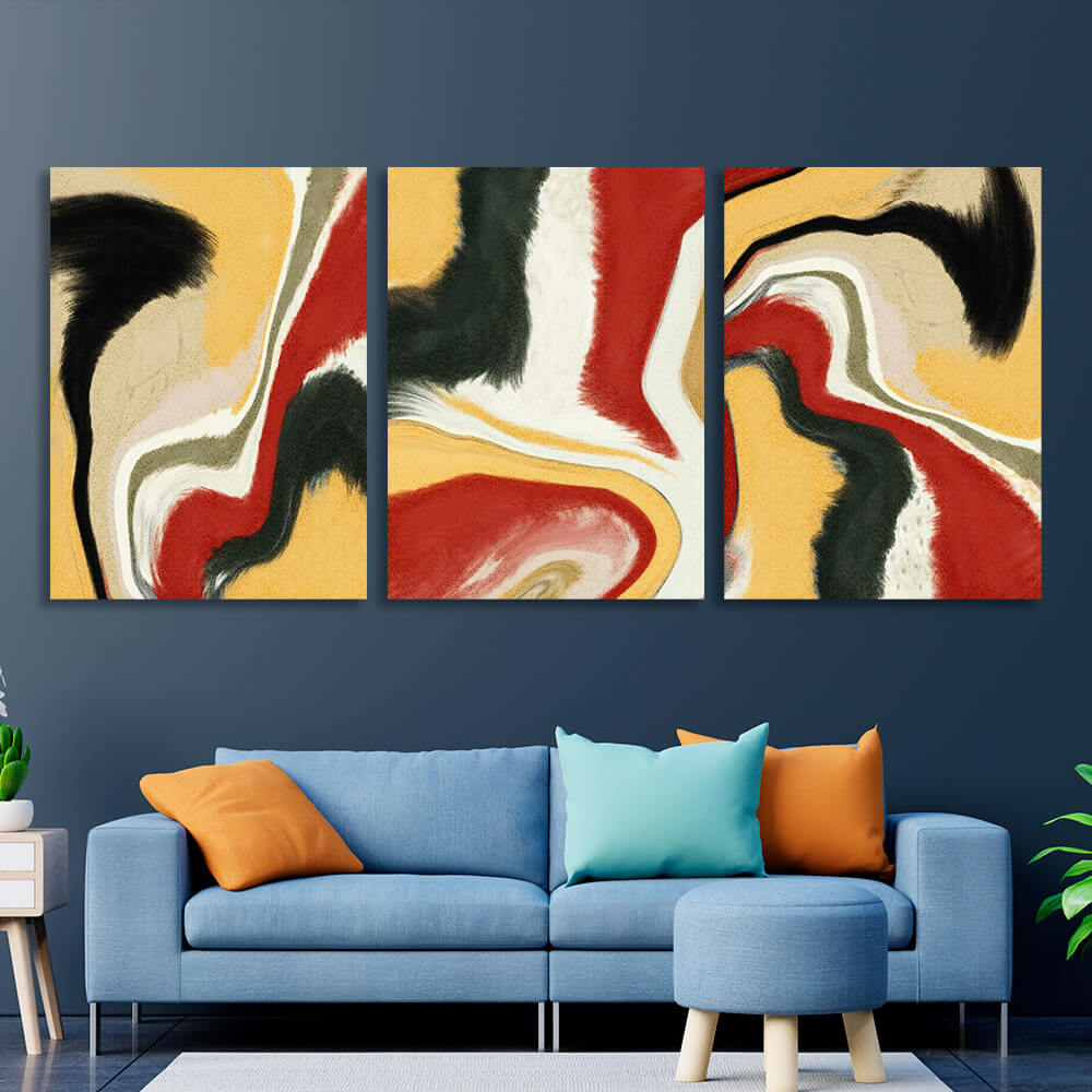 abstract burgundy and black on a yellow background Multi Panel Canvas Wall Art Print