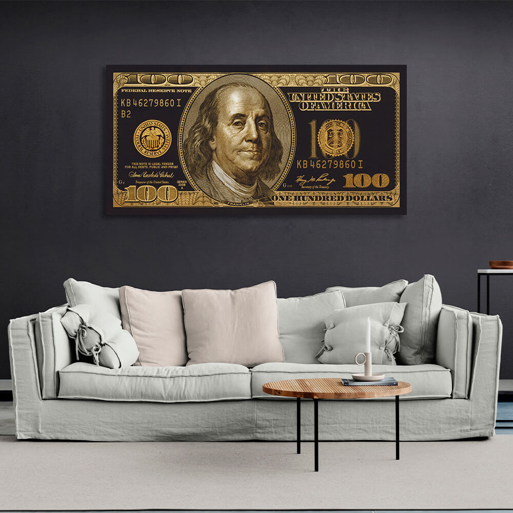 100 dollars golden and black Inspirational Canvas Wall Art Print