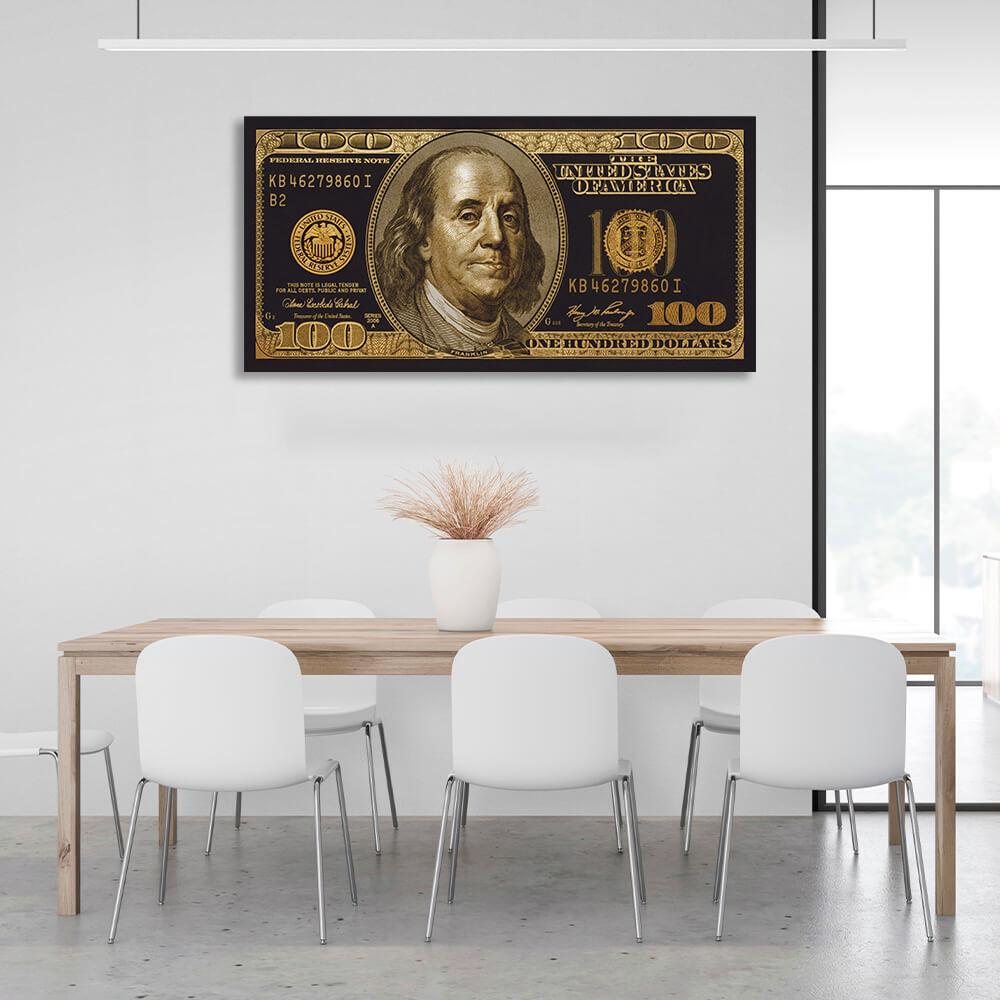 100 Dollar goldener und schwarzer inspirierender Kunstdruck auf Leinwand