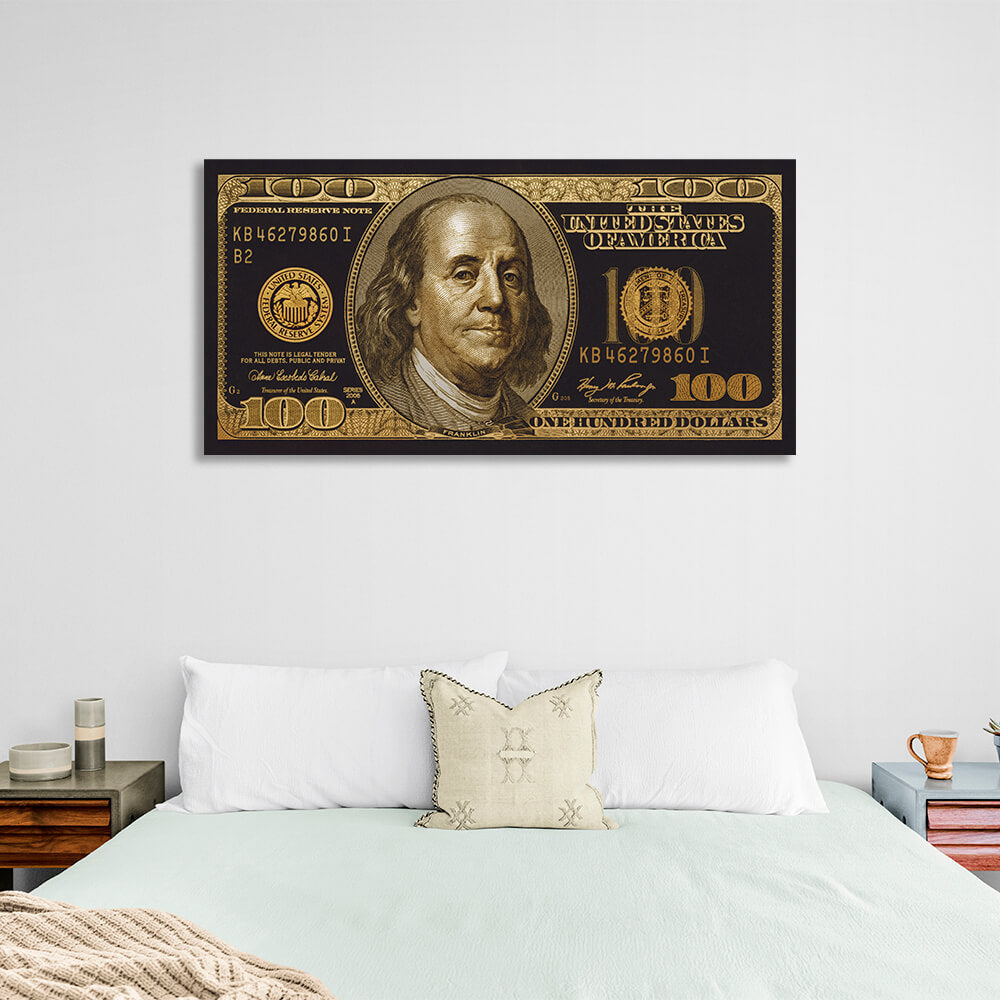 100 Dollar goldener und schwarzer inspirierender Kunstdruck auf Leinwand