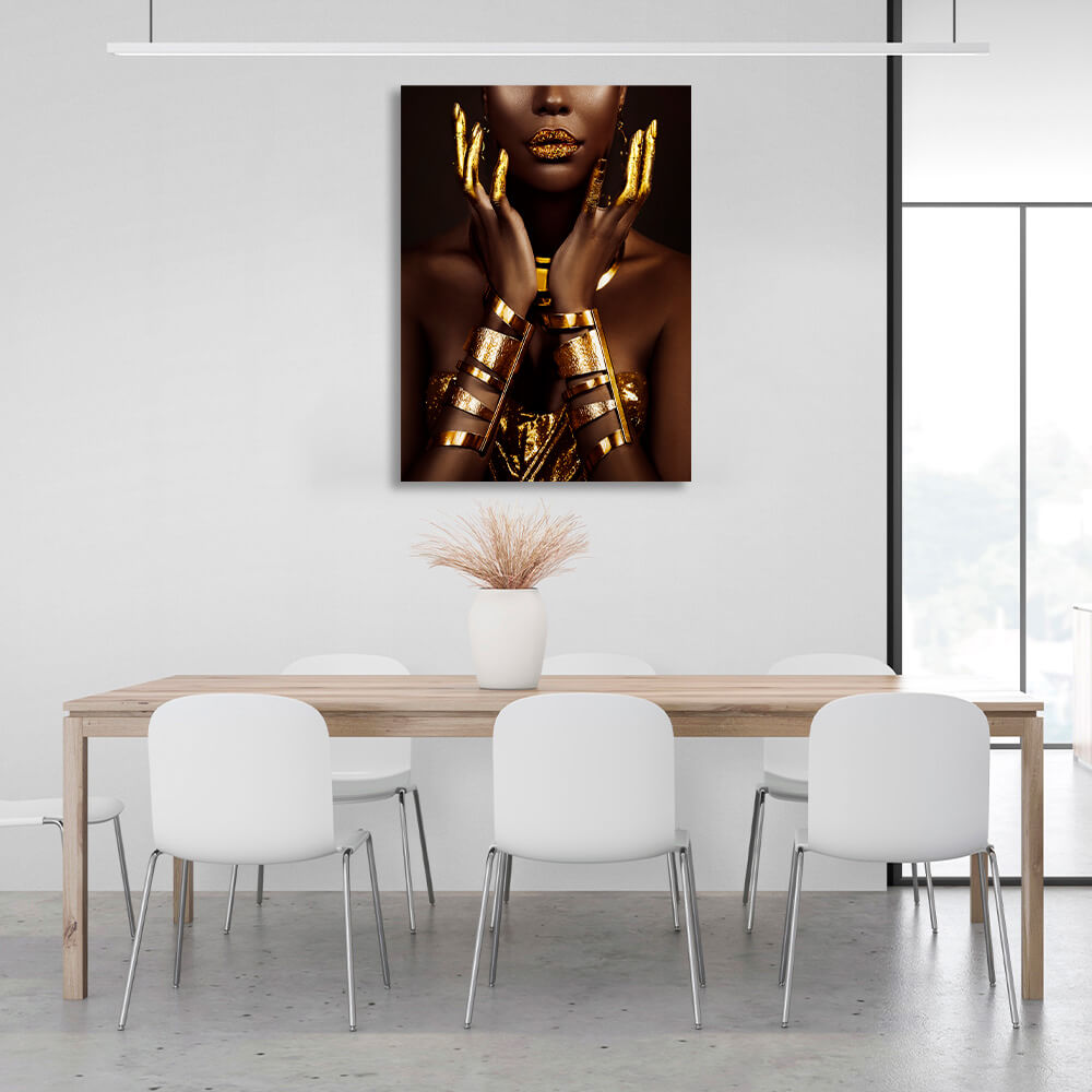 A dark-haired girl with golden elements Canvas Wall Art Print