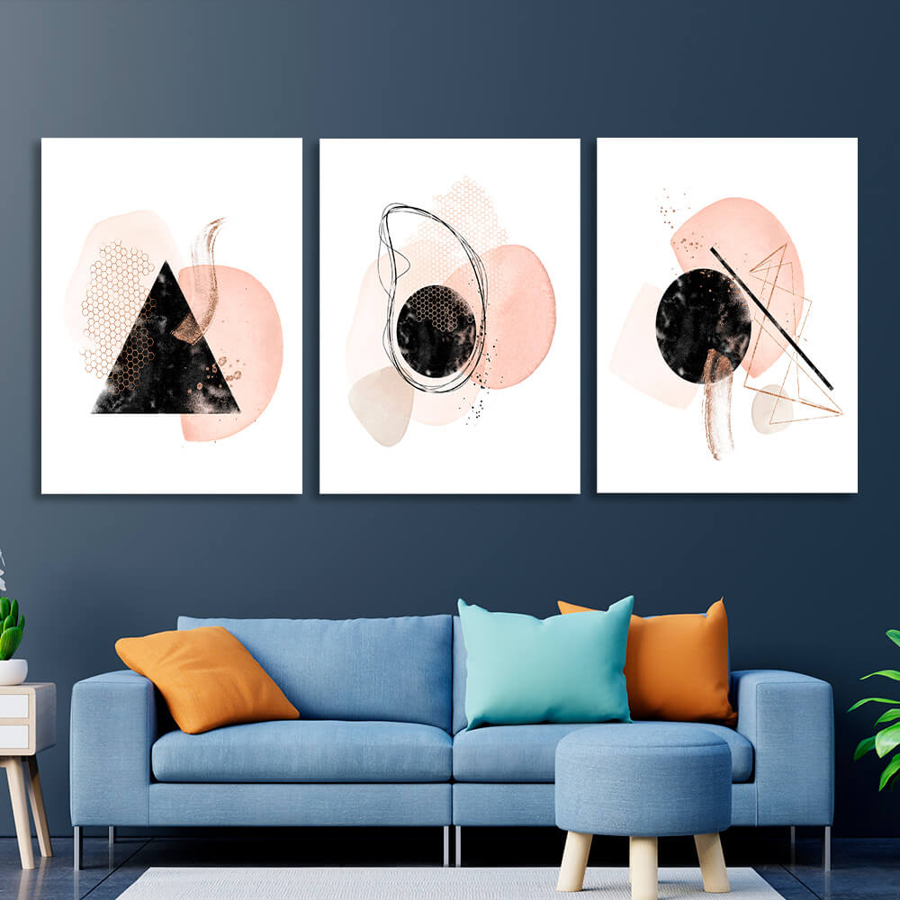 Modular abstract black with powder tones Multi Panel Canvas Wall Art Print