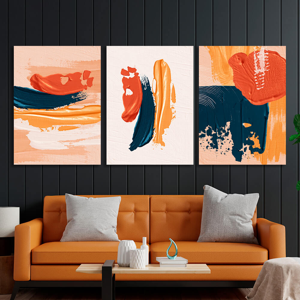 Modularer abstrakter Kunstdruck auf Leinwand, mehrteilig, orange und blau