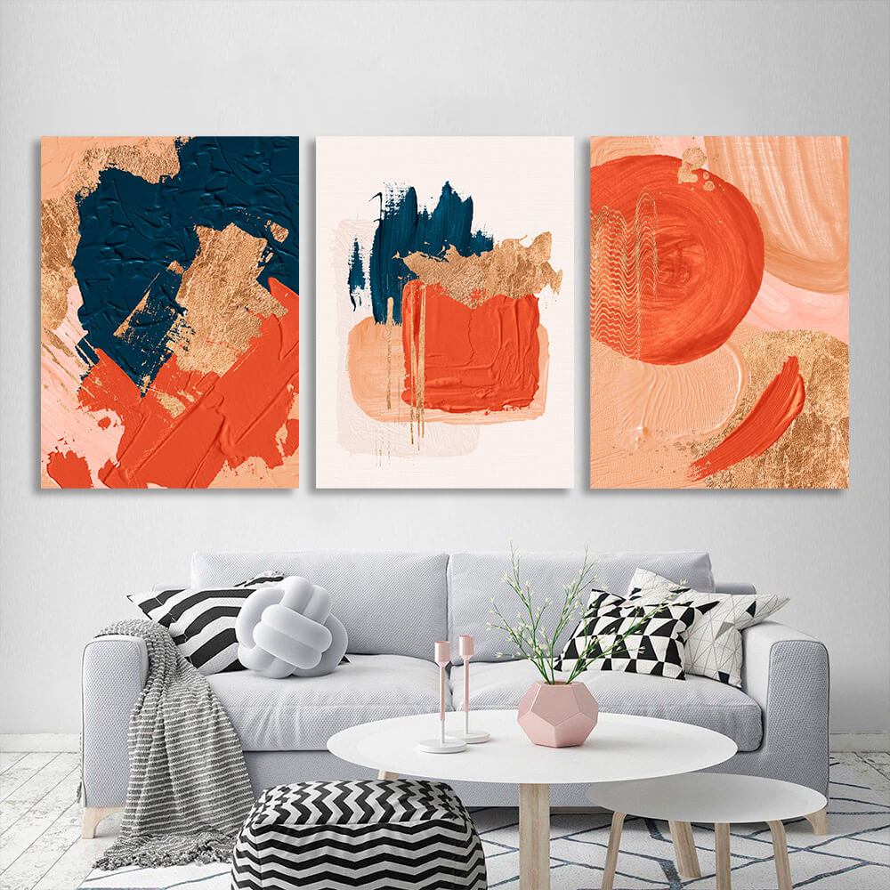 Modular orange and blue abstract with gold elements Multi Panel Canvas Wall Art Print