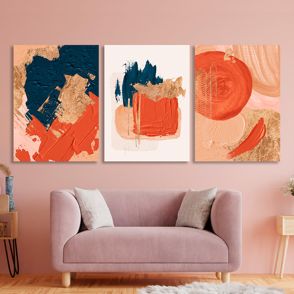 Modular orange and blue abstract with gold elements Multi Panel Canvas Wall Art Print