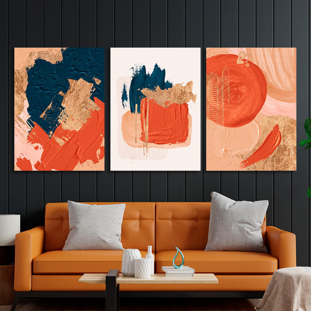 Modularer, abstrakter Kunstdruck auf Leinwand, mehrteilig, Orange und Blau mit goldenen Elementen