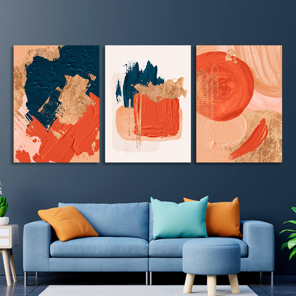 Modularer, abstrakter Kunstdruck auf Leinwand, mehrteilig, Orange und Blau mit goldenen Elementen