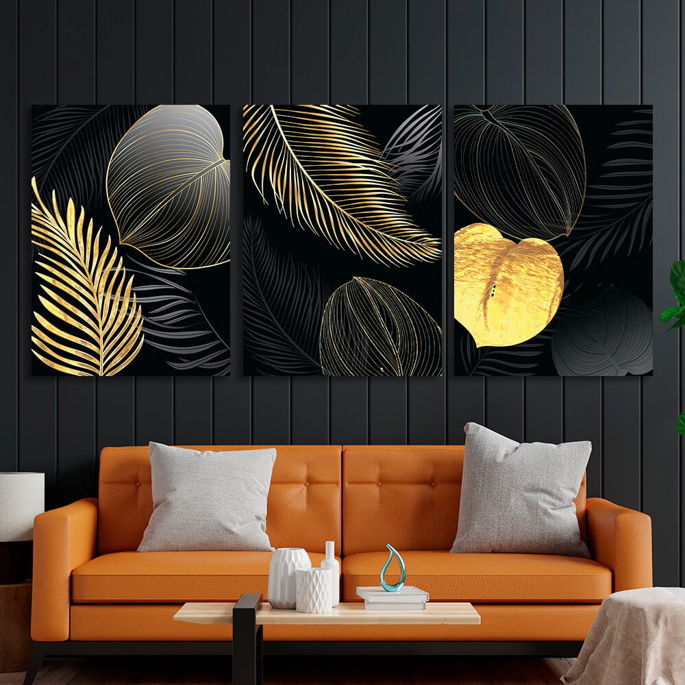 Modularer Kunstdruck auf Leinwand mit Blütenblättern in Schwarz und Gold, mehrere Teile