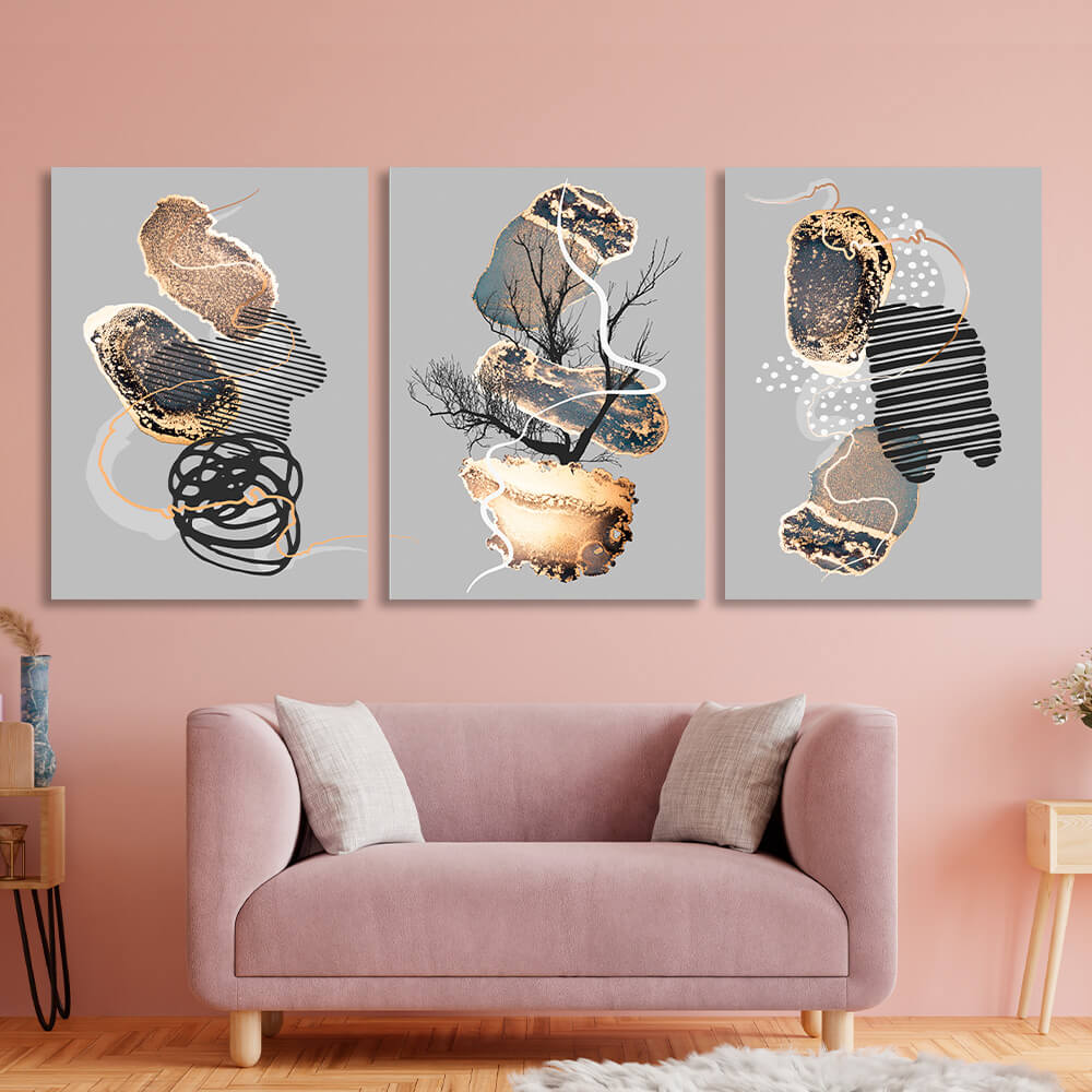 Modular black and gold abstract on gray background Multi Panel Canvas Wall Art Print