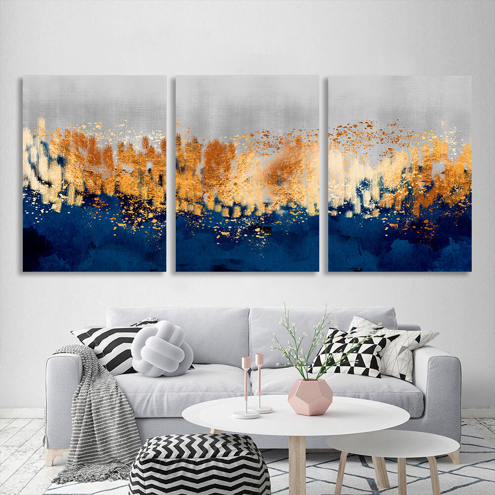 Modular gray-gold abstract with blue elements Multi Panel Canvas Wall Art Print