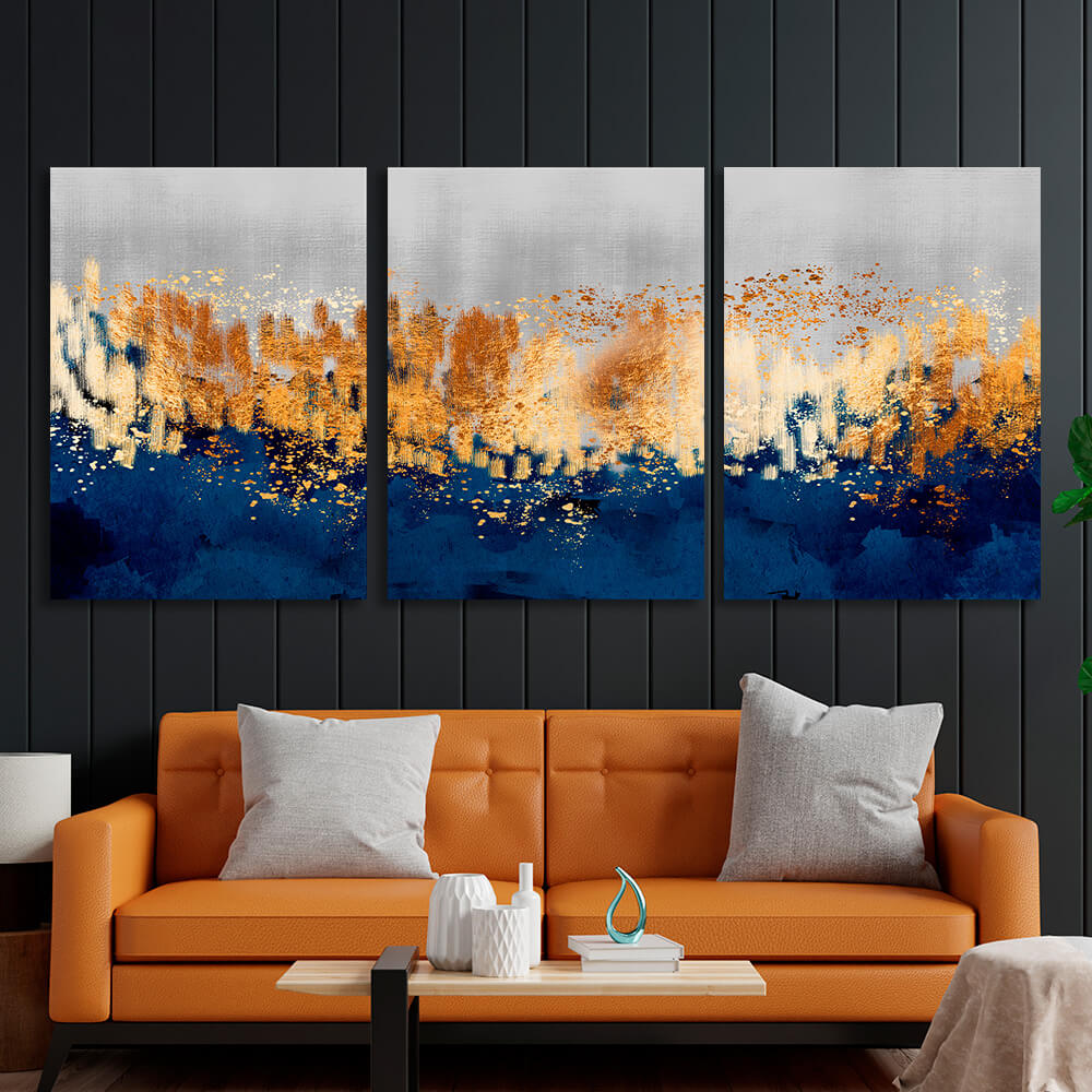 Modular gray-gold abstract with blue elements Multi Panel Canvas Wall Art Print