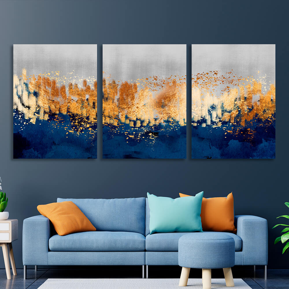 Modular gray-gold abstract with blue elements Multi Panel Canvas Wall Art Print