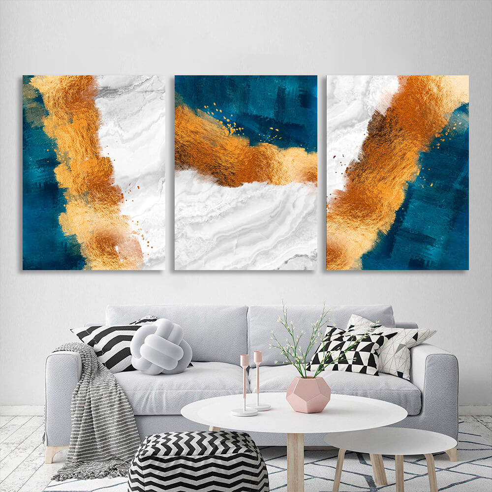 Modular blue-gold abstract with gray elements Multi Panel Canvas Wall Art Print