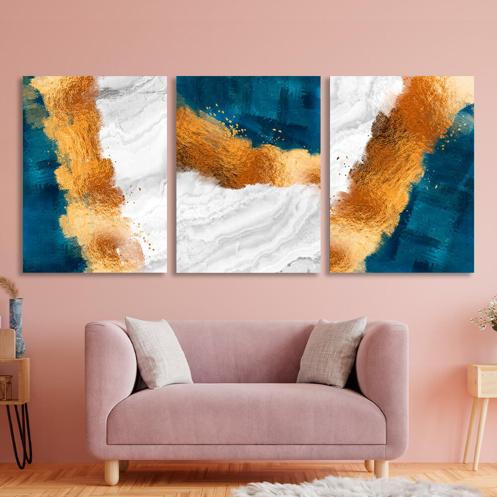 Modular blue-gold abstract with gray elements Multi Panel Canvas Wall Art Print