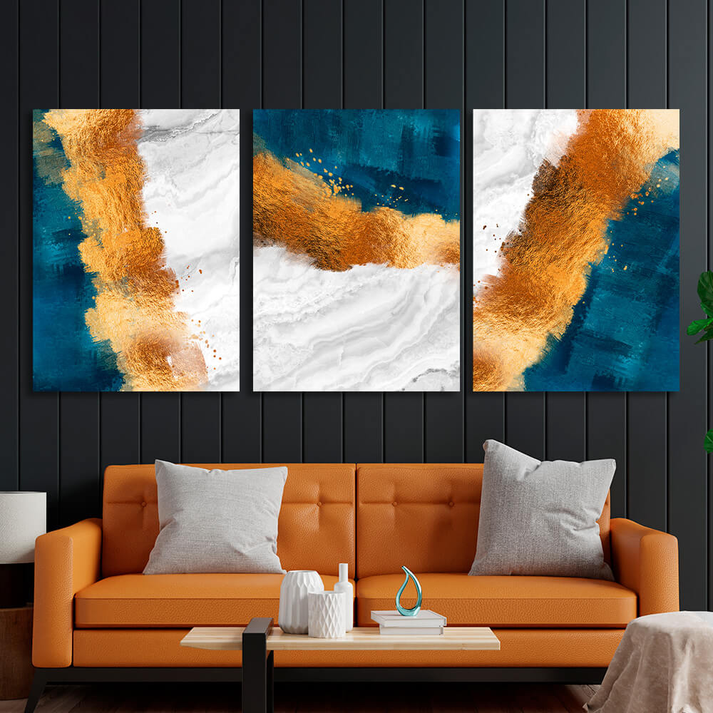 Modular blue-gold abstract with gray elements Multi Panel Canvas Wall Art Print