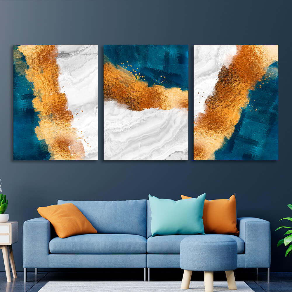 Modular blue-gold abstract with gray elements Multi Panel Canvas Wall Art Print