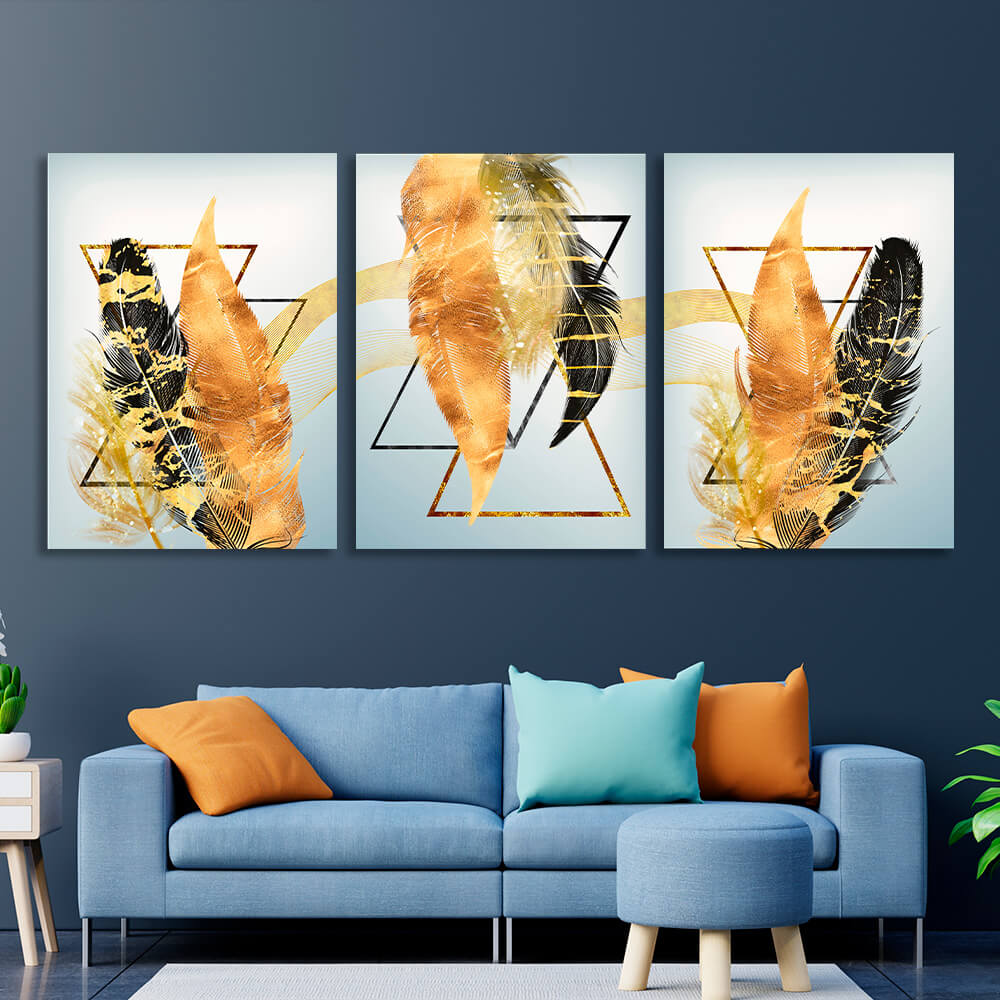 Modular black and gold feathers Multi Panel Canvas Wall Art Print