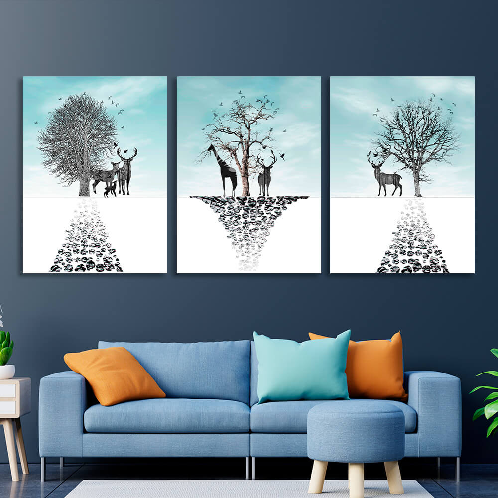 Modular deer and trees Multi Panel Canvas Wall Art Print