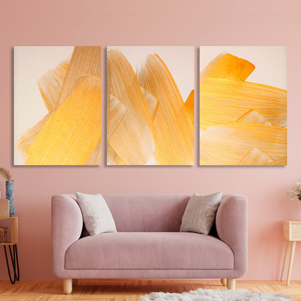 Modular gold strokes on a beige background Multi Panel Canvas Wall Art Print