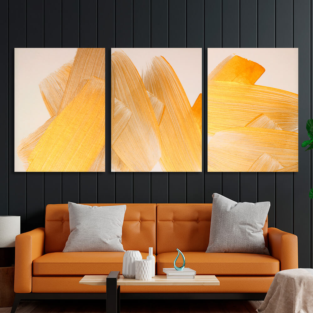 Modular gold strokes on a beige background Multi Panel Canvas Wall Art Print