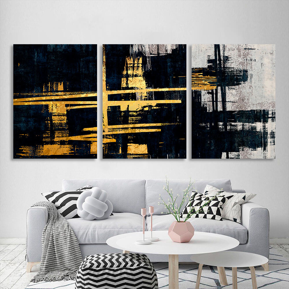 Modular gold and blue abstract with gray tones Multi Panel Canvas Wall Art Print