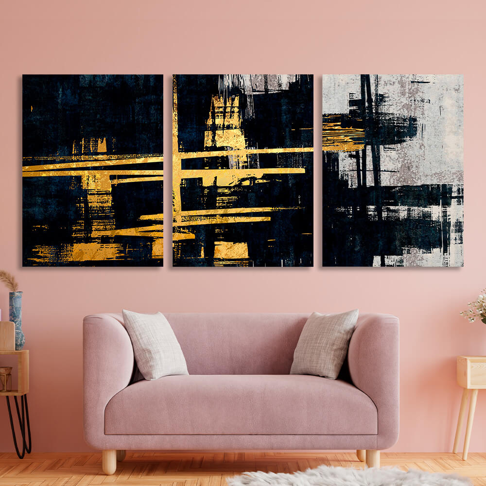 Modular gold and blue abstract with gray tones Multi Panel Canvas Wall Art Print