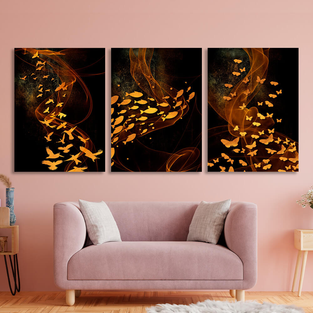 Modular golden butterflies, birds and fish on a brown background Multi Panel Canvas Wall Art Print