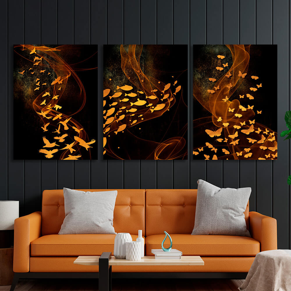 Modular golden butterflies, birds and fish on a brown background Multi Panel Canvas Wall Art Print