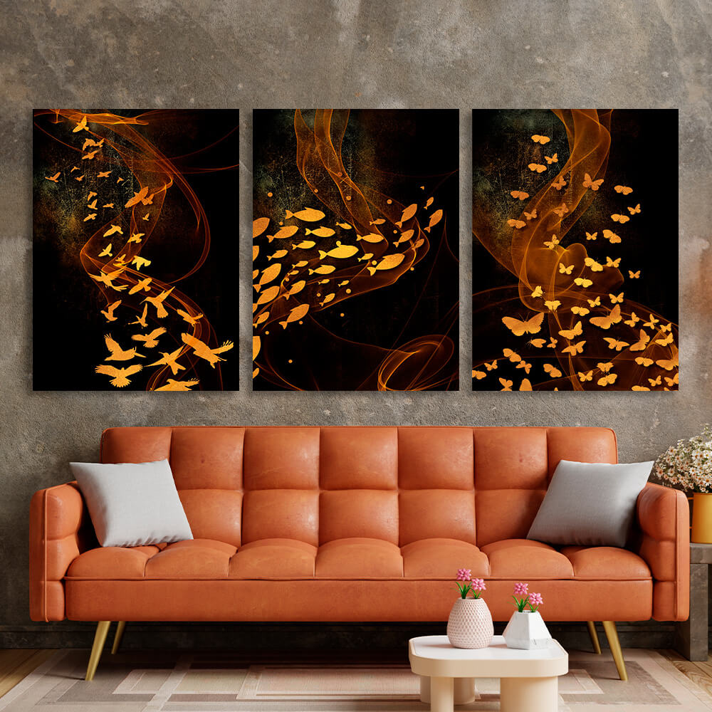 Modular golden butterflies, birds and fish on a brown background Multi Panel Canvas Wall Art Print