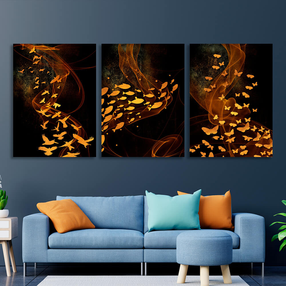 Modular golden butterflies, birds and fish on a brown background Multi Panel Canvas Wall Art Print