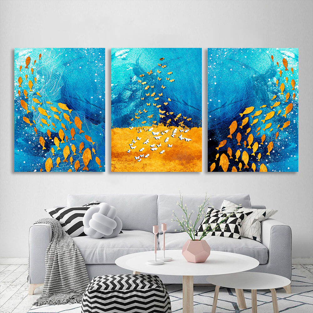 Modular blue-gold Multi Panel Canvas Wall Art Print