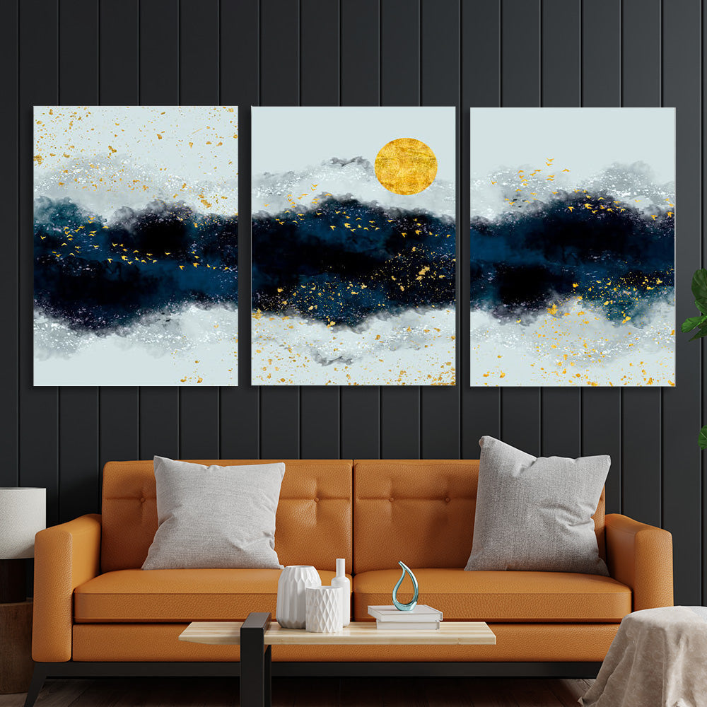 Modular three-piece gray-blue abstract Multi Panel Canvas Wall Art Print