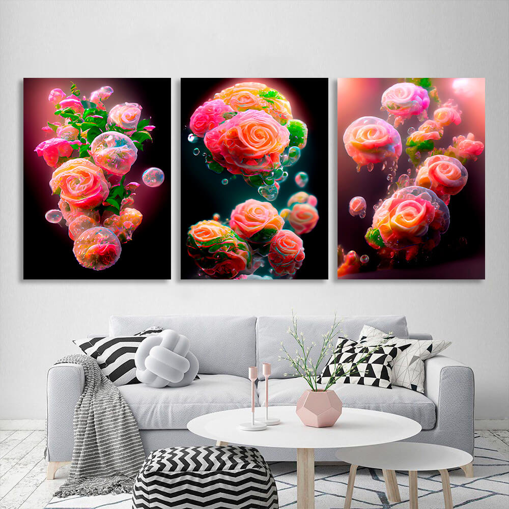 Modular crimson flowers on a dark background Multi Panel Canvas Wall Art Print