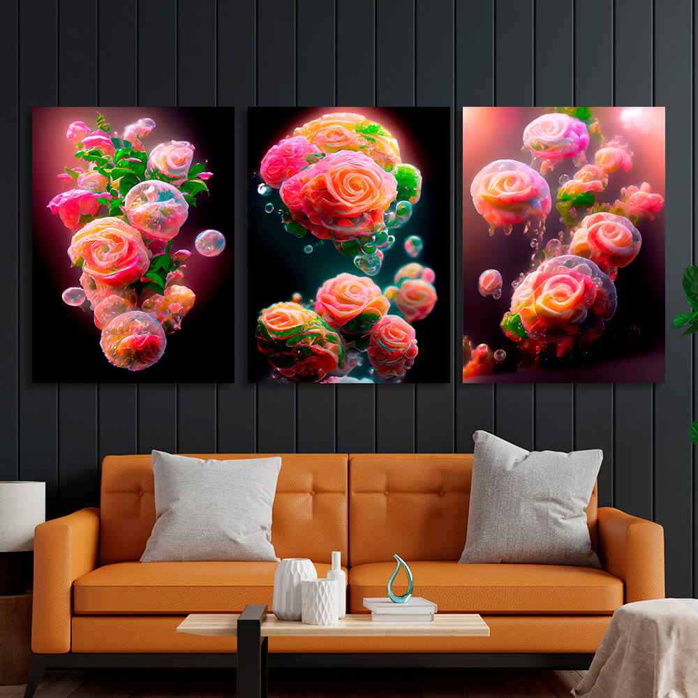 Modular crimson flowers on a dark background Multi Panel Canvas Wall Art Print