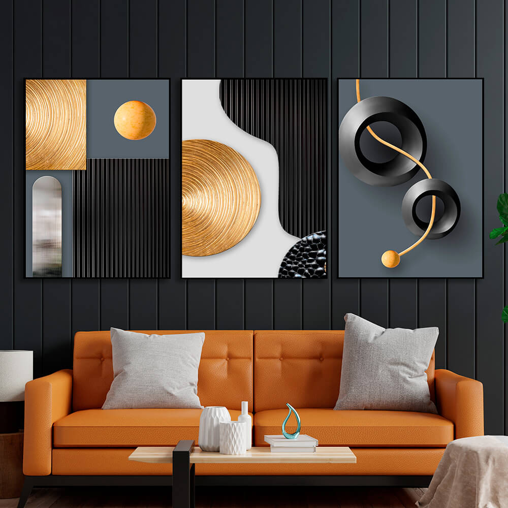 Modular gray-gold figures with black elements Multi Panel Canvas Wall Art Print