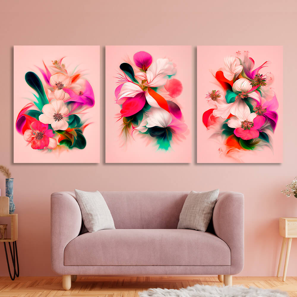 Modular colorful flowers on a pink background Multi Panel Canvas Wall Art Print