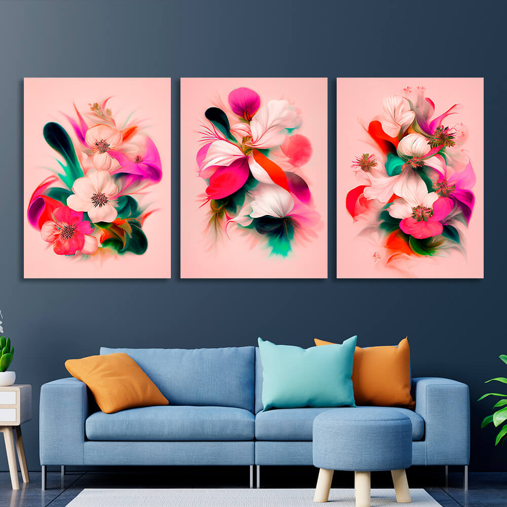 Modular colorful flowers on a pink background Multi Panel Canvas Wall Art Print